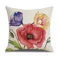Linen square pillowcase with watercolor red and blue poppy print for sofa decor - Watercolor Poppy Style (23YM13-1)