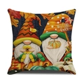 Detail van linnen kussenhoes met kabouters, pompoenen en Welcome Fall-tekstdecoratie - Kabouters en Zonnebloem Ontwerp (23YM34-3)