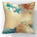 Nordic square cushion cover with blue and gold marble fluid art print on soft plush fabric - Lake Blue Gold Brown Marble (23CR2-15)