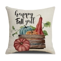 Detail des Leinen-Kissenbezugs mit herbstlichem Kürbis-Druck und Happy Fall-Schriftzug - Holzkiste Kürbis Happy Fall Stil (23YM33-2)