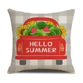 Linen cushion cover with red pickup truck, sunflowers and watermelons summer design - Hello Summer Plaid Truck Style (23YM15-12)
