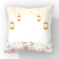 Quadratischer Kissenbezug mit goldenen Laternen und rosa Blumenmuster für Feiertage - 45x45cm / Goldene Laterne Rosa Blumen Stil (23CR5-13)