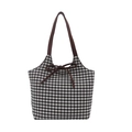 Vintage suede tote bag with black and white gingham pattern and brown shoulder straps - Coffee Reversible