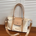 Grande borsa tote in tela beige e cammello con tracolla regolabile e fibbia argento - Cachi