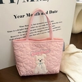Pink heart quilted tote bag with cute puppy embroidery and soft casual shoulder strap - Pink