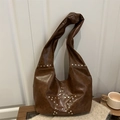 Vintage brown shoulder bag with silver rivet star pattern for casual daily wear - Coffee