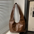 Brown faux leather hobo tote bag with silver star rivets and vintage textured finish - Brown