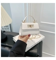White crocodile pattern mini handbag with gold chain strap and elegant metallic twist lock - White