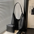Large black leather tote bag set with minimalist hobo shoulder bag and small pouch - Black