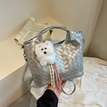 Silver woven crossbody bag with metallic finish and cute white plush puppy charm - With Pendant / Silver