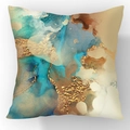 Square plush throw pillow with teal and gold fluid marble art print for sofa decor - Cyan Blue Brown Gold Fluid (23CR2-19)