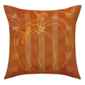 Detailstruktur des orangefarbenen Karokissenbezugs mit goldbesticktem Kürbis und Ahornblatt - Quadratisch (Einzelner Kissenbezug) / Orange Kariertes Kürbis Design (23YM39-1)