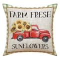 Makro-Detail des Leinen-Kissenbezugs mit rotem Vintage-Truck, Sonnenblumen und Karomuster - Vintage Roter Truck und Sonnenblumen Stil (23YM43-2) / 45x45cm(Nur Bezug)