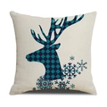 Housse de coussin en lin de Noël avec silhouette de renne à carreaux sarcelle et flocons - 45x45cm (Housse Seule) / Style Renne à Carreaux et Flocon (22YM17-14)