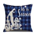 Housse de coussin de Noël à carreaux bleus avec silhouette et texte 'Tis the Season - 45x45cm (Housse Seule) / Style Silhouette Nativité à Carreaux Bleus (22YM17-17)