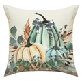 Detail of linen autumn pillow case with watercolor pumpkins and black plaid bow design - Three Pumpkins and Gingham Bow Style (23YM48-1)