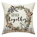 Detailed texture of linen pillow cover with watercolor pumpkin wreath and Gather text - Gather Together Wreath Style (23YM48-2)