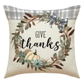 Detail of linen pillow cover with Give Thanks watercolor pumpkin wreath and ribbon bow - Give Thanks Wreath Style (23YM48-3)