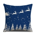 Housse de coussin de Noël en lin bleu avec traîneau du Père Noël et rennes blancs - 45x45cm (Housse Seule) / Style Traîneau du Père Noël Bleu Marine (22YM17-21)