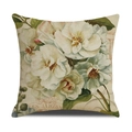 Vintage-Kissenbezug aus Leinen mit weißem Blumendruck und Les Jardin-Schriftzug - 45x45cm (1 Stück) / Französischer Garten Weißer Rosenstil (23YM22-8)