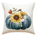 Detail eines Kissenbezugs aus Leinen mit Aquarell-Kürbis, Sonnenblume und Herbstlaub - Blauer Kürbis & Sonnenblume Stil (23YM51-1) / 45x45cm (Ohne Füllung)