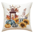 Detailansicht eines Leinenkissenbezugs mit Aquarell-Kürbis- und Sonnenblumen-Druck - Vintage Laterne & Ernte Kürbis Stil (23YM51-4) / 45x45cm (Ohne Füllung)