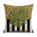 Funda de cojín de lino con brillo dorado, rayas y hoja de monstera verde - Estilo Monstera Empalme (23YM18-2)