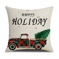 Housse de coussin de Noël en lin avec motif de camion vintage à carreaux et sapin vert - 45x45cm (Housse Seule) / Style HAPPY HOLIDAY Camion à Carreaux (22YM17-32)