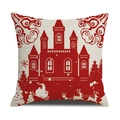 Housse de coussin de Noël en lin avec imprimé Père Noël et rennes rouges sur beige - 45x45cm (Housse Seule) / Style Père Noël et Château Rouge (22YM17-35)