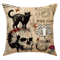Dettaglio della federa gotica vintage con stampa di teschio, gatto nero e rosa - Motivo Scheletro Gatto Nero (23YM52-1)