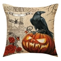 Dettaglio della federa Halloween con corvo, zucca e rose su tessuto di lino naturale - Motivo Corvo Lanterna di Zucca (23YM52-3)