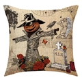 Retro Halloween pillow cover featuring pumpkin scarecrow and Gothic crow on beige linen - Pumpkin Scarecrow Pattern (23YM52-4) / 45x45cm (1 Piece)