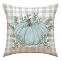 Herfst kussensloop met lichtblauwe pompoen en eucalyptus op ruitjespatroon - Gingham Blauwe Pompoen (23YM45-2)