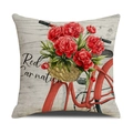 Detail of red carnations in a bike basket on linen cushion cover with rustic wood print - Vintage Bicycle Carnation Style (YMM4-3)