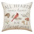 Detail of linen Christmas pillowcase with red cardinal, pine cones and festive floral print - 45x45cm / Hearts Come Home Illustration Style (23YM84-4)