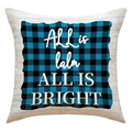 Detail of linen Christmas pillow cover with buffalo plaid pattern and wood grain frame - Wood Grain Border All Is Calm Letter Style (Spec 3)
