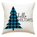 Detail of linen Christmas pillowcase with plaid tree and hello HOLIDAYS text - Plaid Christmas Tree Hello Holidays Style (Spec 4)