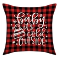 Detail of red buffalo plaid pillow cover with Baby it's cold OUTSIDE text and snowflakes - Buffalo Plaid Baby It's Cold Outside Style