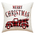 Close-up of linen Christmas pillowcase showing red plaid truck print and fabric texture - Beige Red Truck Merry Christmas Style