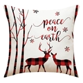 Detailed close-up of Christmas linen pillowcase with buffalo plaid elk and pine tree print - Beige Reindeer Peace On Earth Style