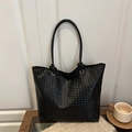 Minimalistische schwarze geflochtene Tragetasche mit geknoteten Griffen aus Leder - Reißverschluss-Stil (Schwarz) / Schwarz