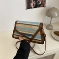 Handcrafted colorful straw crossbody bag with striped weaving and brown leather trim - Bohemian Color Stripe Style / Brown