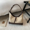 Canvas en lederen hobo schoudertas met zilveren ring detail en contraststiksels - Khaki