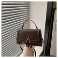 Nahaufnahme der dunkelbraunen Ledertasche mit goldener V-förmiger Metallschnalle und Griff - Kaffeebraun
