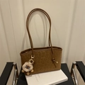 Vintage brown leopard embossed tote bag with plush charm and long shoulder straps - Brown with Pendant