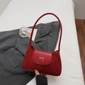 French style wine red crocodile pattern shoulder bag with a silver bow decoration - Burgundy