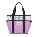 Bolso de playa grande de malla en púrpura y blanco con bolsillo lateral y asas azules - Morado