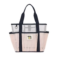 Detalle de bolsa de playa de malla rosa y blanca con bolsillos externos y asas azules - Rosa