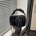 Chic black pleated cloud handbag with gold texture and elegant chain shoulder strap - Black