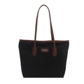 Bolso tote negro minimalista con asas marrones y parche de logo, bolso cubo de moda - Negro y Marrón